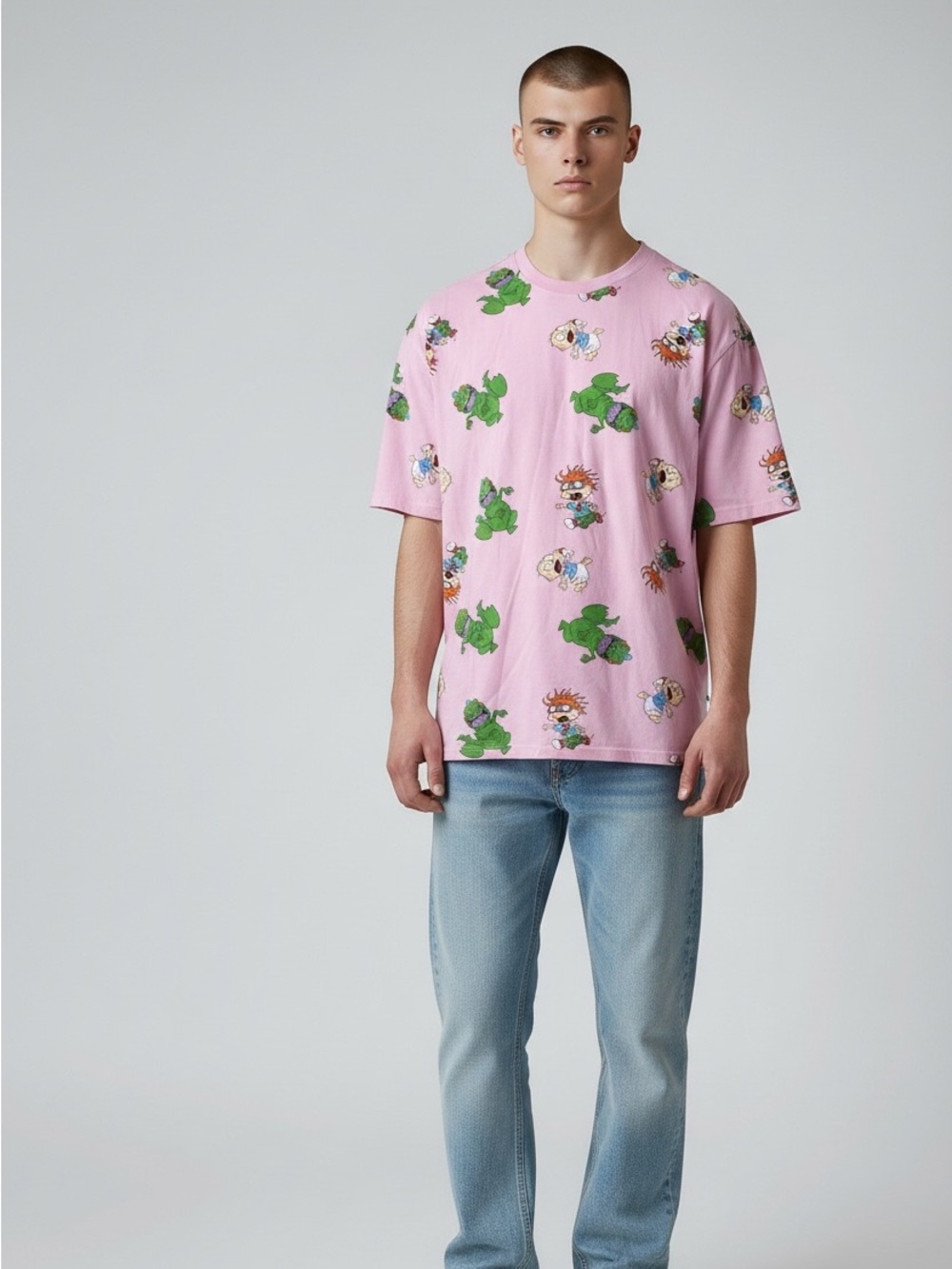 Nickelodeon Rugrats Mens Size M Short Sleeve Pink Chuckie Tommy Reptar T Shirt